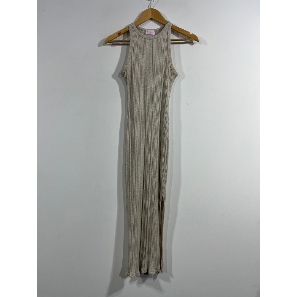 Pink Lily Minimalist 90s Ribbed Knit Preppy Old Money Maxi Dress Oatmeal Small